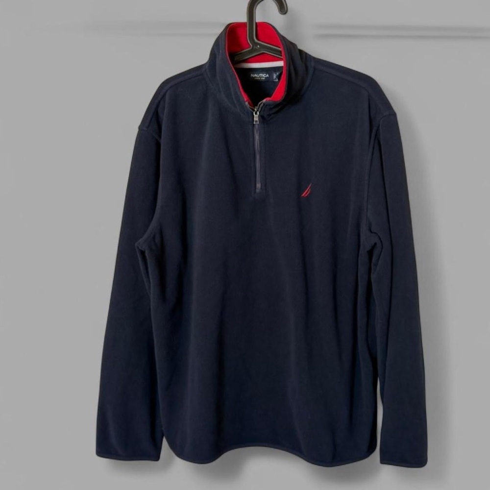 Nautica Men's Dark Blue Quarter Zip Fleece with Red Accent Large